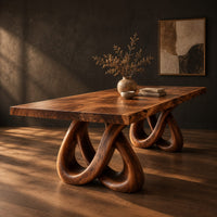 Dining table with two knotted loop pedestals and a thick slab top, three-quarter view showing the grain