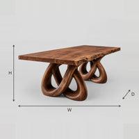 Dining Table With Twin Knot Pedestals And Thick Slab Top dimension diagram with width, height and depth
