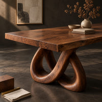 Corner detail of dining table with two knotted loop pedestals and a thick slab top beside wood, brass and linen samples