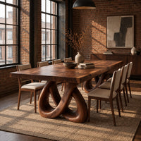 Dining table with two knotted loop pedestals and a thick slab top in an industrial loft dining room with exposed brick