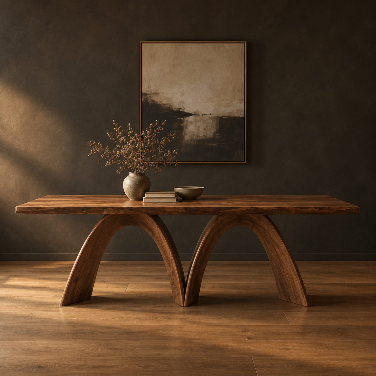 Dining table with twin sculpted arch legs and a smooth slab top in a dark studio against a charcoal plaster wall