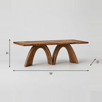 Dining Table With Twin Sculpted Arch Legs And A Smooth Slab Top dimension diagram with width, height and depth
