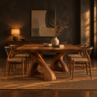 Dining table with a thick plank top on two sculpted loop pedestals in a dark dining room at golden hour