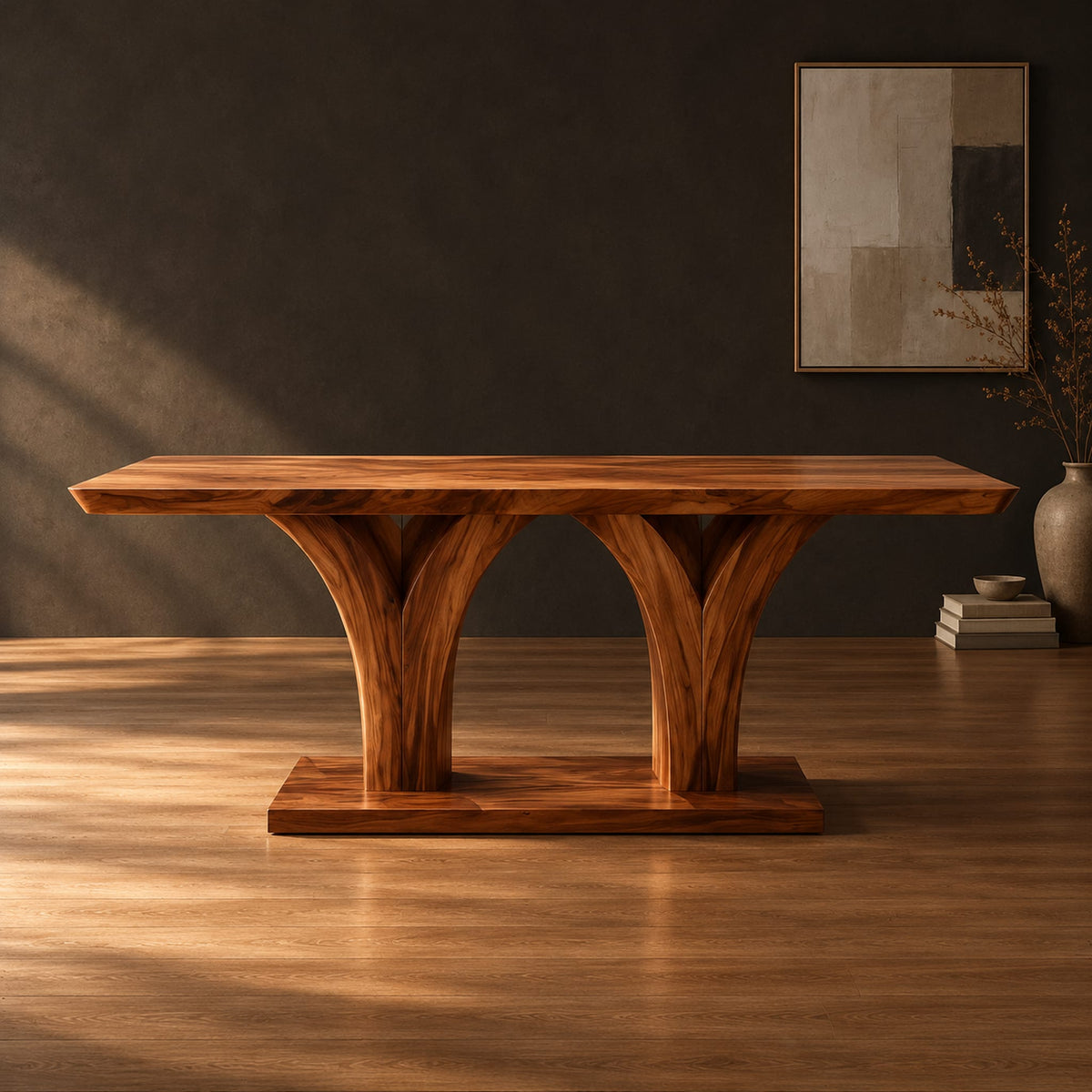Rectangular dining table with two flared pedestals on a shared low plinth in a dark studio against a charcoal plaster wall