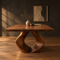 Rectangular dining table on two sculpted legs that form a teardrop gap in a dark studio against a charcoal plaster wall