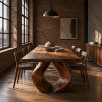 Rectangular dining table on two sculpted legs that form a teardrop gap in an industrial loft dining room with exposed brick