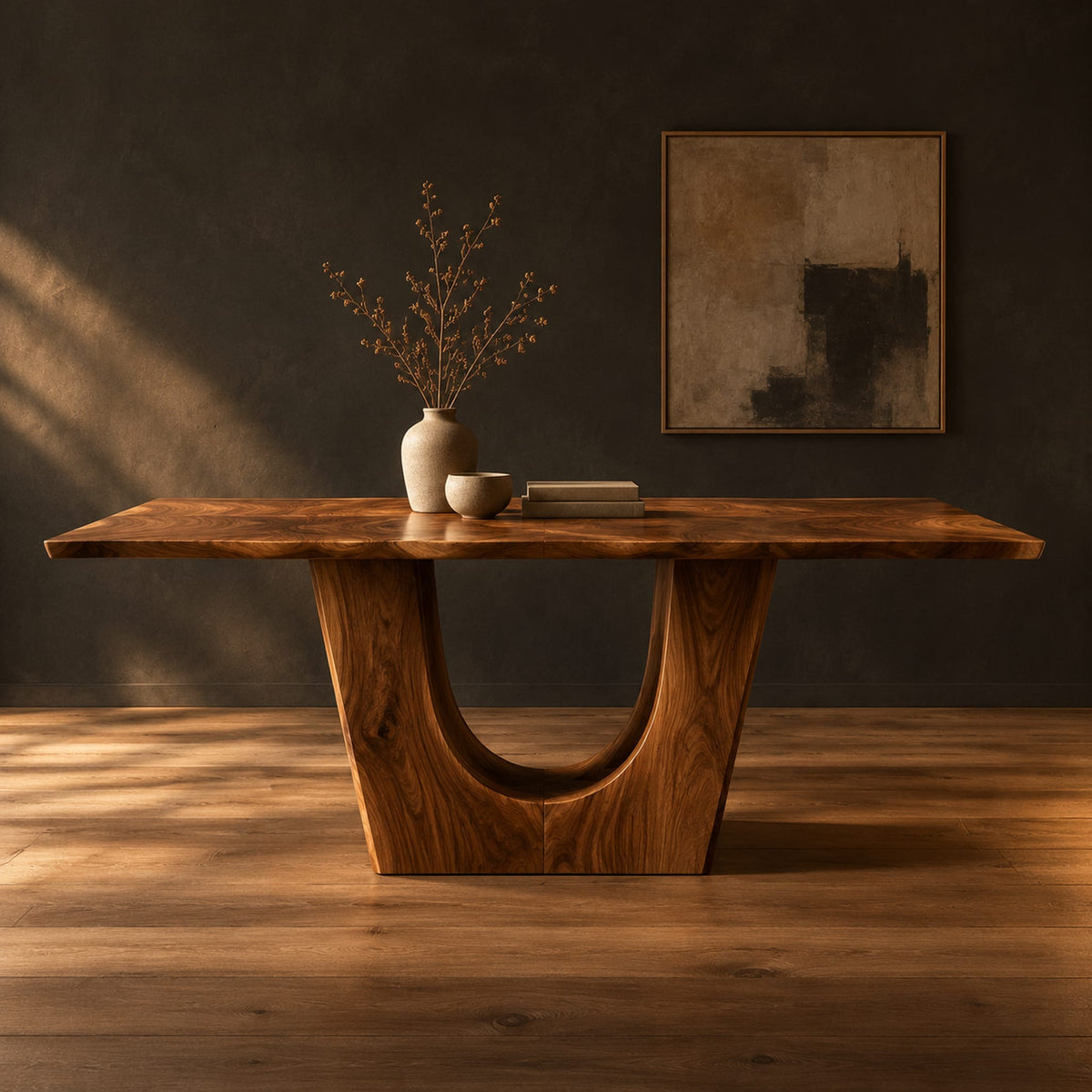 Long dining table on two heavy pedestals with arched openings in a dark studio against a charcoal plaster wall