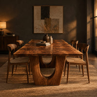 Long dining table on two heavy pedestals with arched openings in a dark dining room at golden hour
