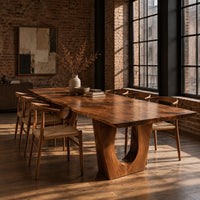 Long dining table on two heavy pedestals with arched openings in an industrial loft dining room with exposed brick