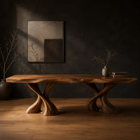 Dining table with two twisted pedestals and a live edge top in a dark studio against a charcoal plaster wall
