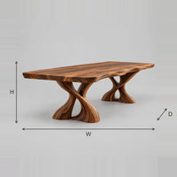 Dining Table With Two Twisted Pedestals And Live Edge Top dimension diagram with width, height and depth