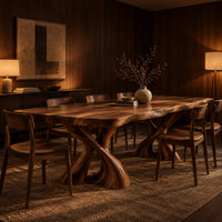 Dining table with two twisted pedestals and a live edge top in an evening dining room with walnut wall paneling