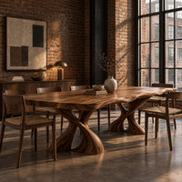 Dining table with two twisted pedestals and a live edge top in an industrial loft dining room with exposed brick