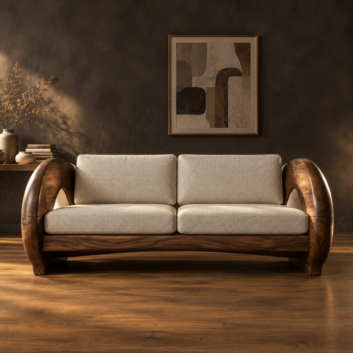 Sofa with thick circular wooden arms, hollow cutouts and cream seat cushions in a dark studio against a charcoal plaster wall
