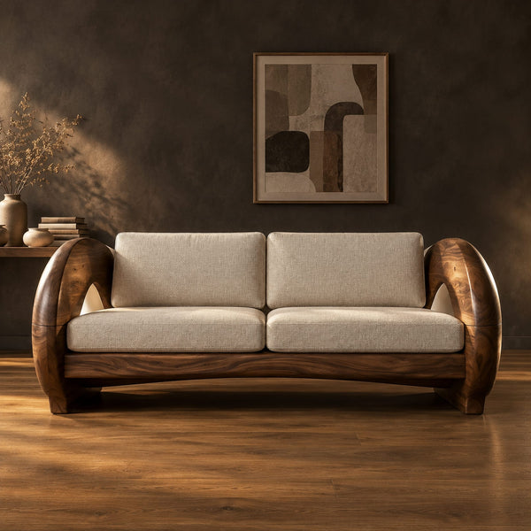 Disc Arm Sofa With Hollow Wooden Sides And Cream Seat Cushions