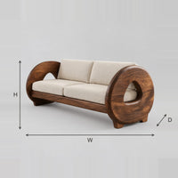 Disc Arm Sofa With Hollow Wooden Sides And Cream Seat Cushions dimension diagram with width, height and depth