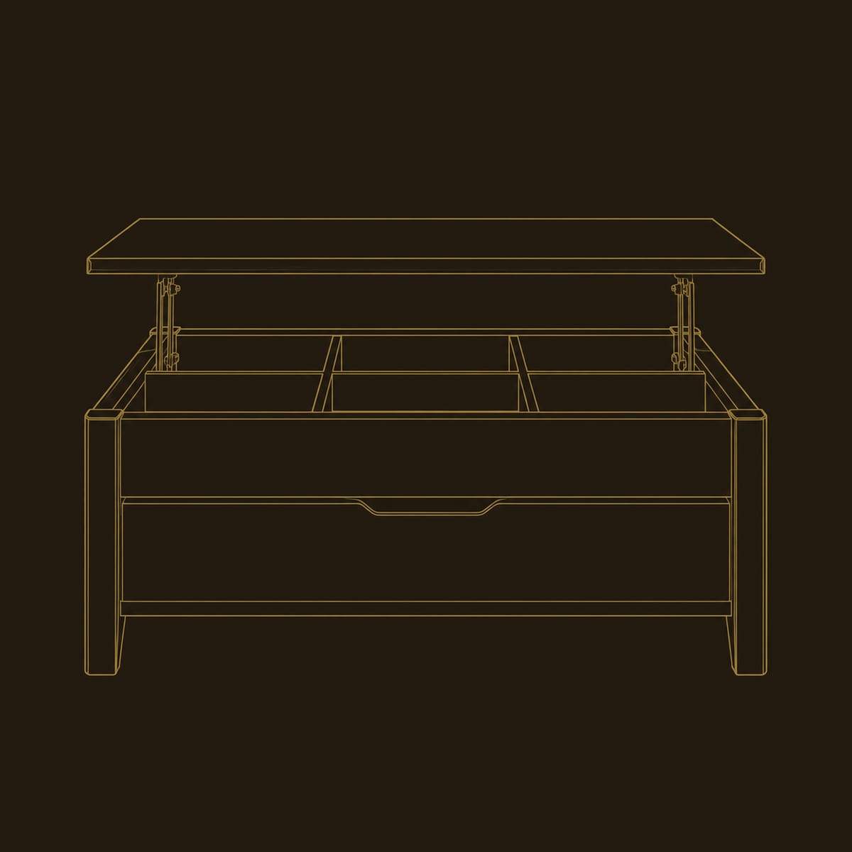Divided Compartment Coffee Table With Lift Top And Finger Pull Front dimension diagram