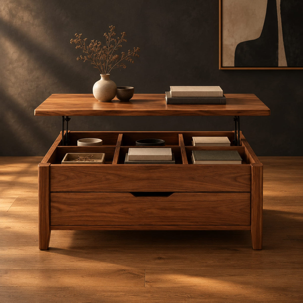 Rectangular lift top coffee table with divided compartments and tapered legs in a dark studio against a charcoal plaster wall