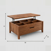 Divided Compartment Coffee Table With Lift Top And Finger Pull Front dimension diagram with width, height and depth