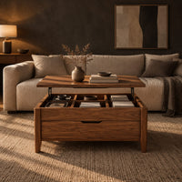 Rectangular lift top coffee table with divided compartments and tapered legs in a dark living room at golden hour