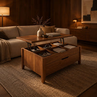 Rectangular lift top coffee table with divided compartments and tapered legs in an evening living room with walnut wall paneling