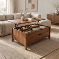 Rectangular lift top coffee table with divided compartments and tapered legs in a Scandinavian living room with white walls