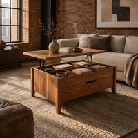 Rectangular lift top coffee table with divided compartments and tapered legs in an industrial loft living room with exposed brick