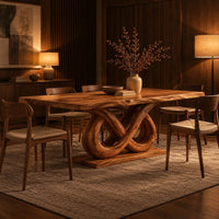 Dining table with a wavy edged slab top and a double infinity loop base in an evening dining room with walnut wall paneling