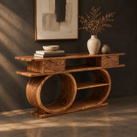 Console table with a double loop base and two small drawers, three-quarter view showing the grain