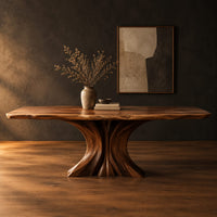 Dining table with a long top and two flared sculpted pedestals in a dark studio against a charcoal plaster wall