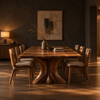 Dining table with a long top and two flared sculpted pedestals in a dark dining room at golden hour