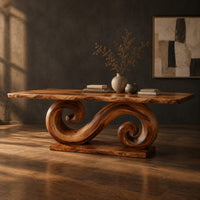 Dining table with a double scroll pedestal on a flat plinth, three-quarter view showing the grain