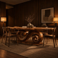 Dining table with a double scroll pedestal on a flat plinth in an evening dining room with walnut wall paneling