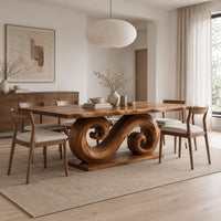 Dining table with a double scroll pedestal on a flat plinth in a Scandinavian dining room with white walls
