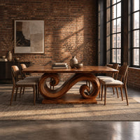 Dining table with a double scroll pedestal on a flat plinth in an industrial loft dining room with exposed brick