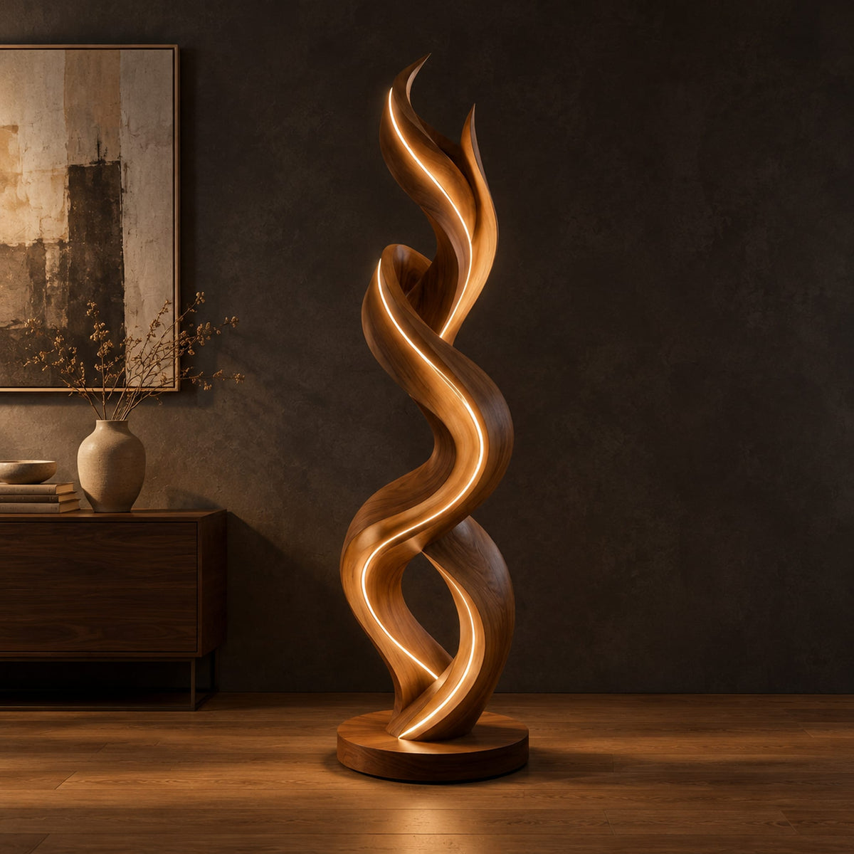 Twisting double ribbon floor lamp with a warm glow in a dark studio against a charcoal plaster wall