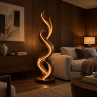 Twisting double ribbon floor lamp with a warm glow in an evening living room with walnut wall paneling