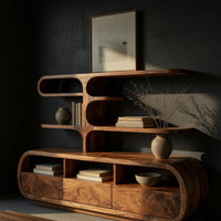 Drawer TV console with a column of curled shelves, three-quarter view showing the grain