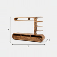 Drawer TV Console with a Rising Column of Curled Shelves dimension diagram with height, width and depth