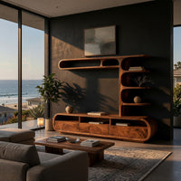 Drawer TV console with a column of curled shelves in a living room at golden hour