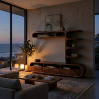Drawer TV console with a column of curled shelves in an evening room lit by two lamps