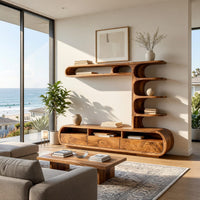 Drawer TV console with a column of curled shelves in a bright modern living room