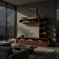 Drawer TV console with a column of curled shelves in a concrete and timber loft