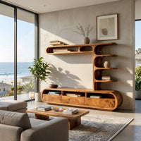 Drawer TV console with a column of curled shelves in an open plan space in daylight