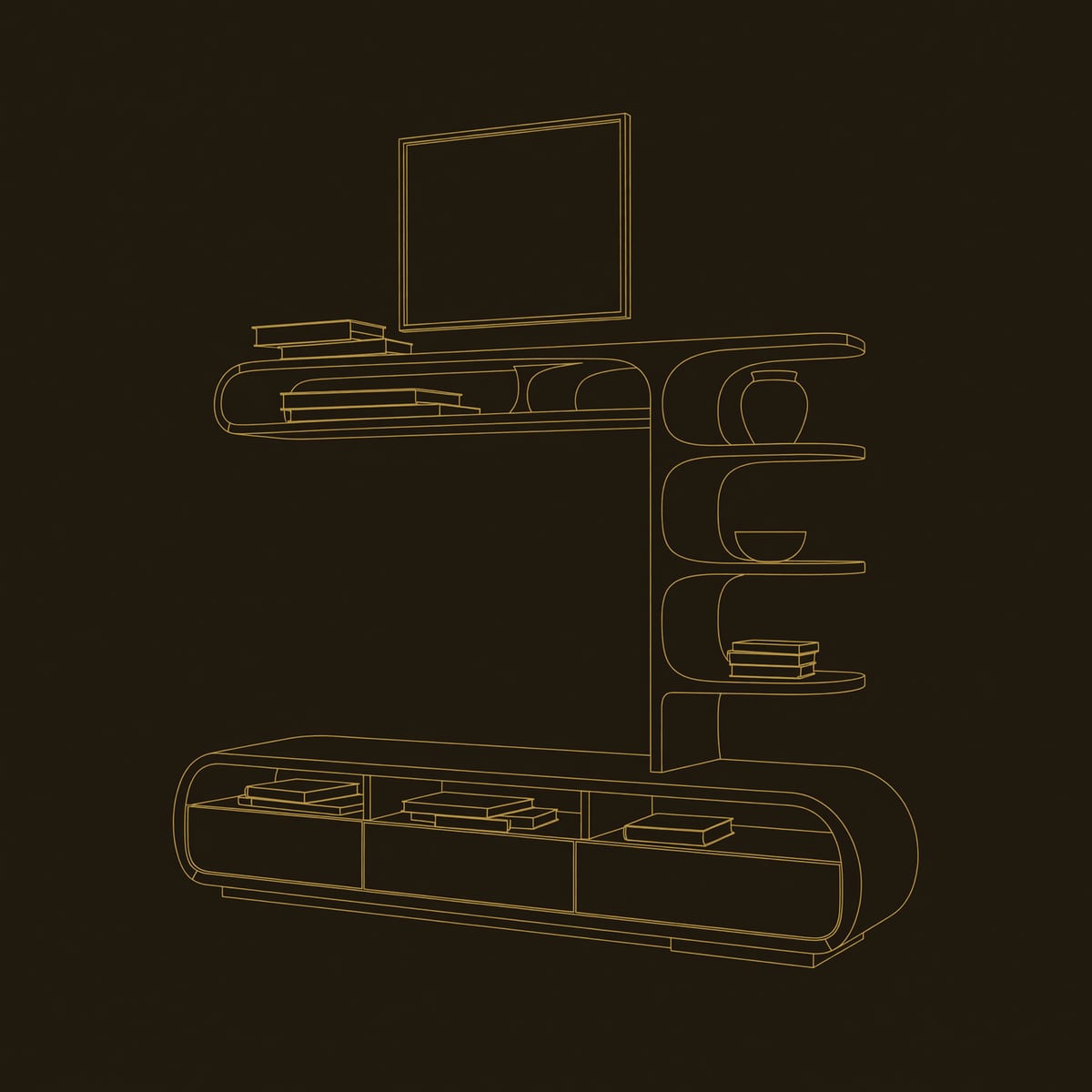 Drawer TV Console with a Rising Column of Curled Shelves dimension diagram