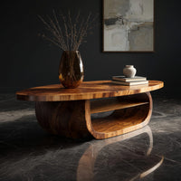 Oval coffee table on a drum base with an open shelf, three-quarter view showing the grain