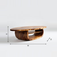 Drum Base Oval Coffee Table with a Carved Open Shelf dimension diagram with height, width and depth