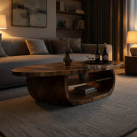 Oval coffee table on a drum base with an open shelf in an evening room lit by two lamps