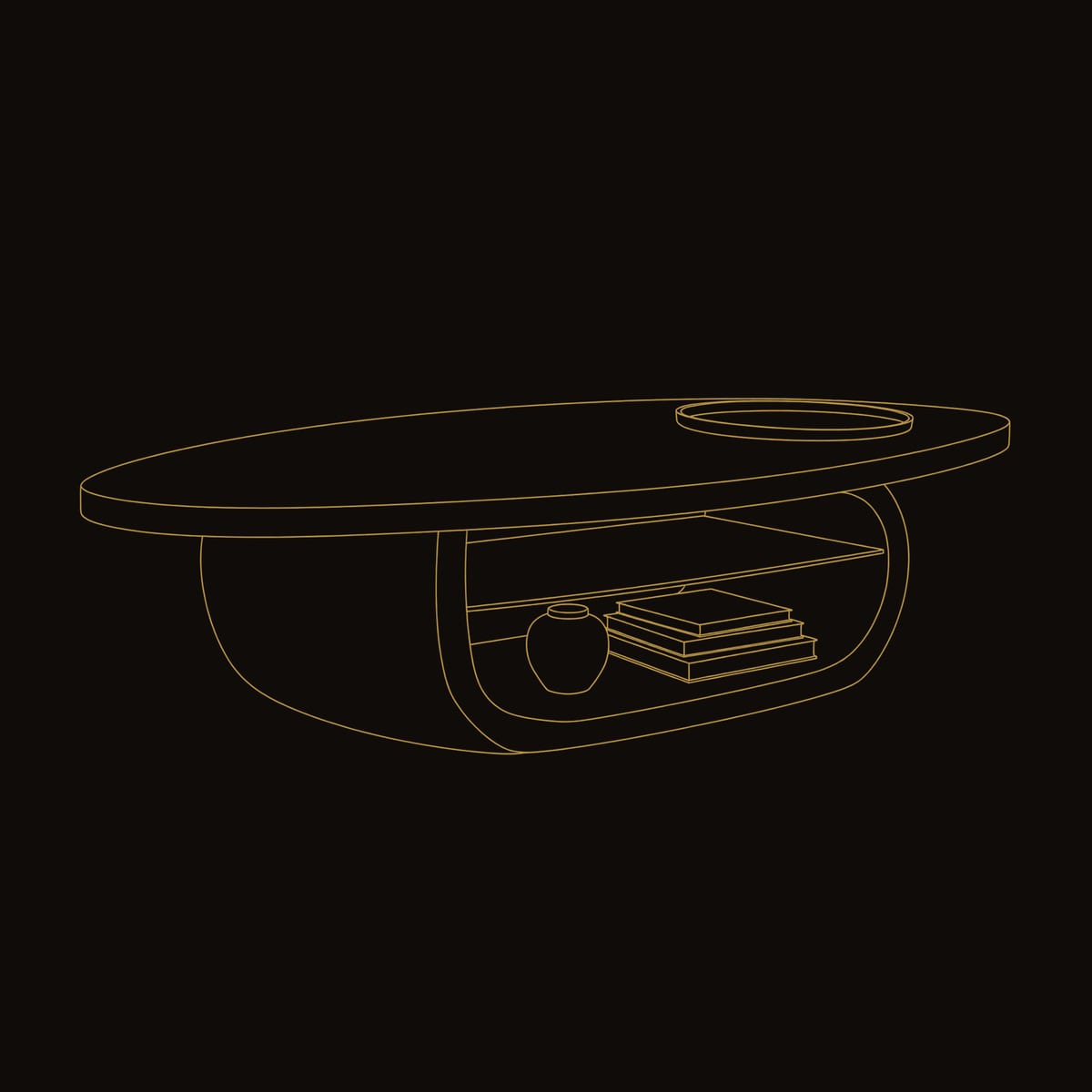 Drum Base Oval Coffee Table with a Carved Open Shelf dimension diagram
