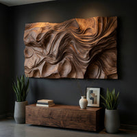 Rectangular dune textured wood wall relief, three-quarter view showing the carved depth